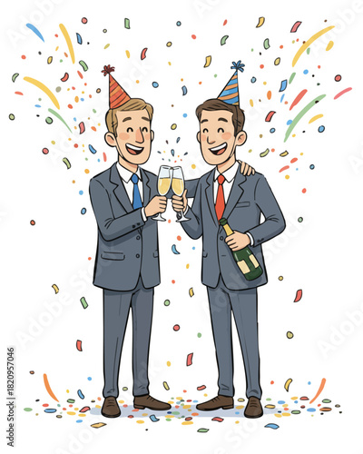 Two businessmen celebrating with champagne, confetti. Corporate colleagues toasting at New Year office party. Successful partners celebrating business victory, promotion. Coworkers cheering with drink