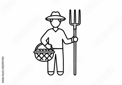 Outline drawing of a farmer with a basket and pitchfork in monochrome style