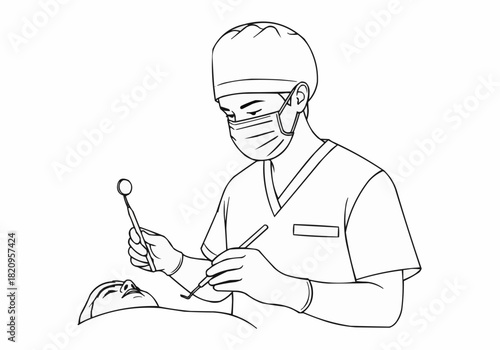 Dentist examining patient with tools wearing mask and gloves outline art