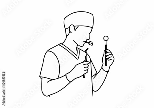 Line drawing of a dentist holding dental tools and wearing surgical cap