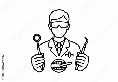 Dentist holding dental equipment with mouth and teeth illustration