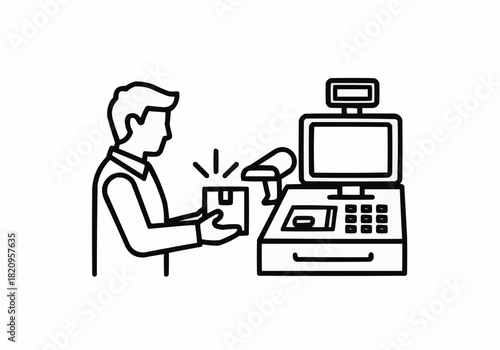 Person buying a package at a cashier with a scanner and computer screen