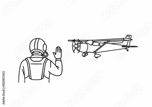 Line drawing of pilot waving at a small plane on a white background