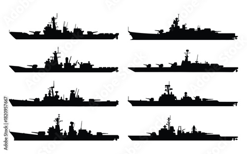 Silhouettes of various warships and naval vessels