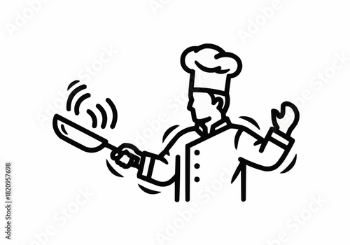 Chef cooking with a frying pan in outline style illustration design