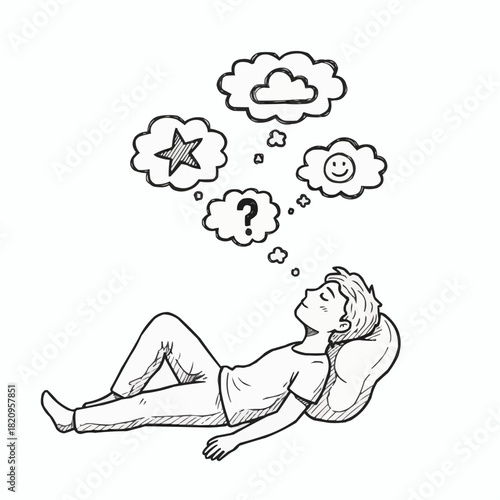 Illustration of a man lying down thinking with thought bubbles above him