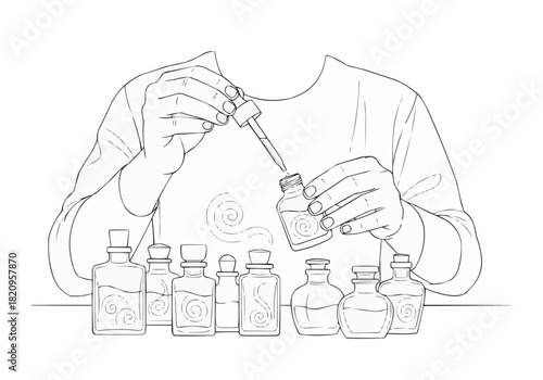 Person using a dropper to fill a bottle with other bottles on a table
