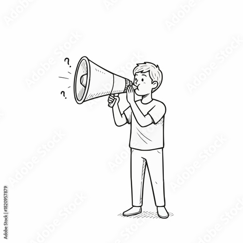 Boy shouting into a megaphone with question marks floating above it near him