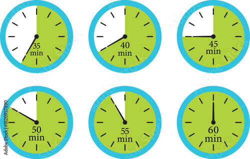 Minute Timer Icon set. Countdown timer symbol. Stopwatch icons with different time. Stopwatch intervals signs. representing stopwatch, time tracking, scheduling, deadline, and duration measurement.