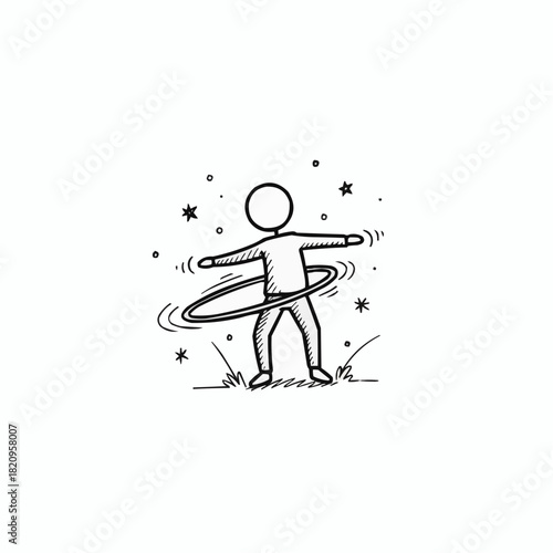 Stick figure hula hooping surrounded by stars and grass doodle art