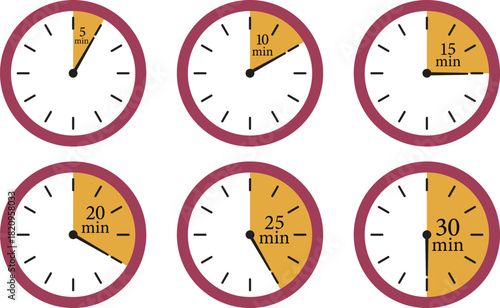 Minute Timer Icon set. Countdown timer symbol. Stopwatch icons with different time. Stopwatch intervals signs. representing stopwatch, time tracking, scheduling, deadline, and duration measurement.