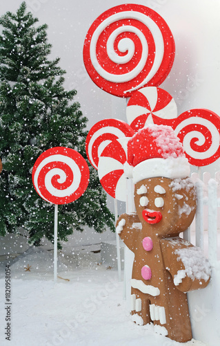 Christmas Decorated With Ginger Man Figurine and Lollipops in the Backyard