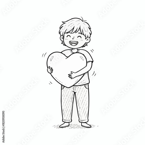 Boy with a happy expression holding a large heart in a black and white drawing