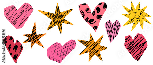 Cut out heart and stars shapes with crayon scribble patterns. Playful irregular collage paper hearts. Vector abstract shapes with torn edges and hand drawn doodle pencil patterns for scrapbooking