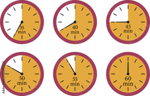 Minute Timer Icon set. Countdown timer symbol. Stopwatch icons with different time. Stopwatch intervals signs. representing stopwatch, time tracking, scheduling, deadline, and duration measurement.