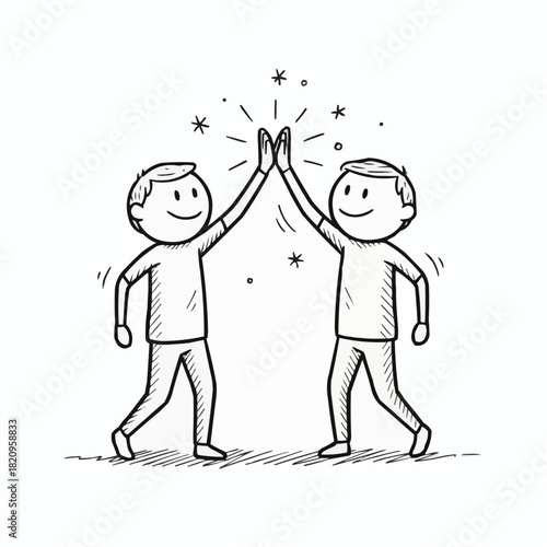 Two cartoon figures high fiving with starbursts above their hands drawn