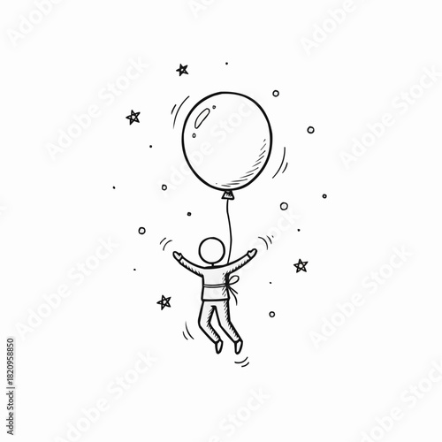 Sketch of a person floating with a balloon surrounded by stars and dots
