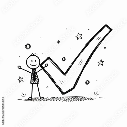 Stick figure celebrating success with a large check mark doodle art