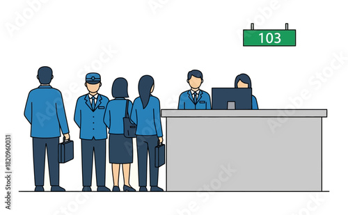 People waiting in line at a bank teller counter with a number sign.