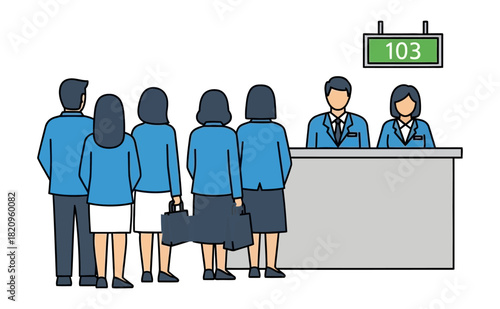 Illustration of people waiting in a queue at a customer service counter with a number display.
