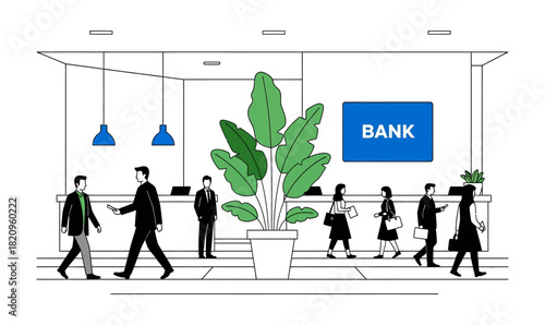 A minimalist line art illustration of a modern bank interior with customers and staff at the counter.