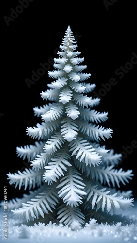 Frosted fir tree branches standing against a black background
