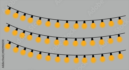 Three strings of warm yellow lights against a gray background
