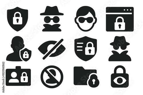 Privacy Protection Icons. Solid style icons of privacy protection: privacy shield, incognito icon, hidden face, secure browser,