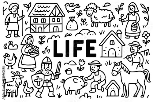 Life is a drawing of people and animals