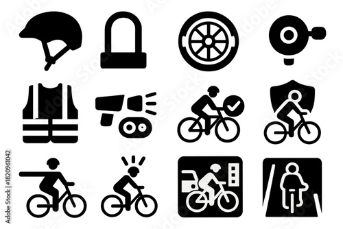 Bike Safety Icons. Solid style icons of bike safety and protection: helmet icon, bike lock, reflectors on wheel, bike bell, safety