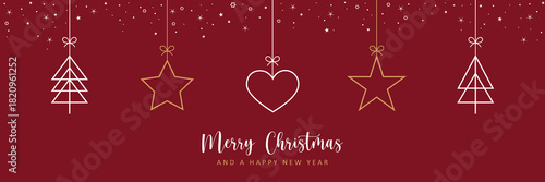 minimalistic christmas greeting card with hanging fir tree heart and star decoration vector illustration