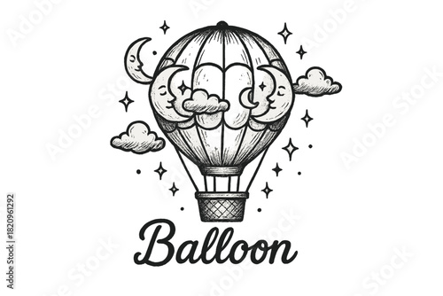 Black and white drawing of a hot air balloon with a moon