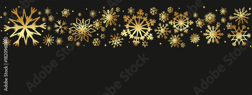 Golden snowflakes frame on black background. Gold snow flakes border with different ornaments. Copy space. Holiday winter backdrop. Luxury Christmas garland. Vector illustration.