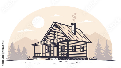 Charming log cabin illustration evokes peaceful mountain retreat, inspiring rustic living and cozy holidays, perfect for branding or vacation rentals