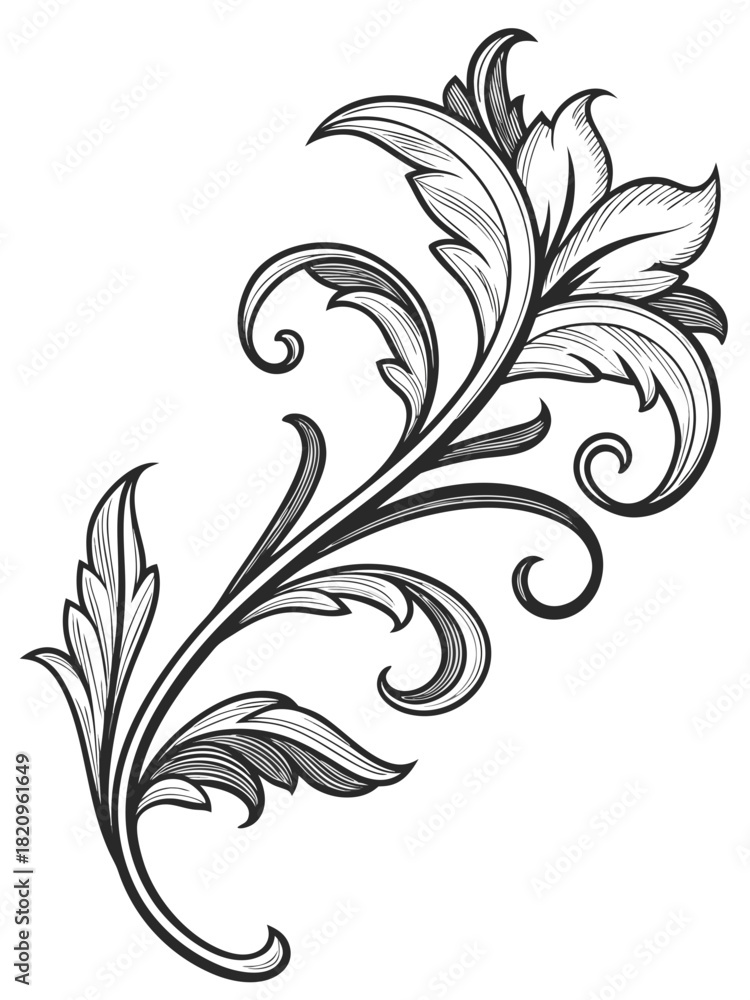 Fototapeta premium High-detail monochrome baroque vector ornament featuring realistic acanthus foliage and deep woodcut-style shading