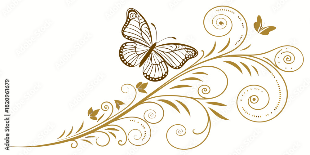 Fototapeta premium Elegant horizontal golden scrollwork vector border featuring swirling lines and a perched butterfly outline motif.