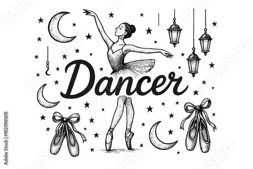 Black and white drawing of a ballerina with a star above her head