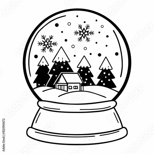Winter Village Snow Globe Line Art Illustration