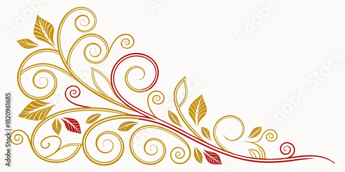 Elegant gold thread vector flourish border with smooth spirals, stylized leaves, and light red metallic accents.