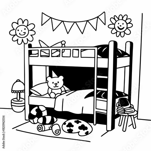 Cute Kids Bunk Bed Room Line Art Illustration