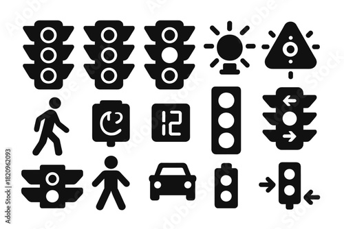 Traffic Signal Icons. Solid style icons of signal meanings: red stop light, green go light, yellow caution light, blinking red