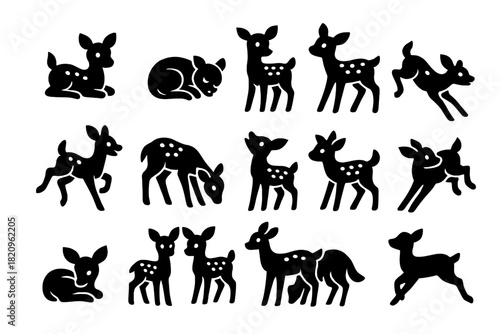 Fawn Icon Collection. Solid style icons of Fawns: newborn fawn, curled sleeping fawn, standing fawn, walking fawn, playful fawn,