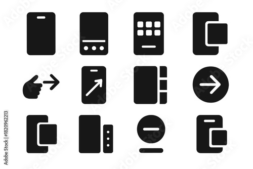 Mobile Navigation Icons. Solid style icons of mobile and app navigation: mobile hamburger icon, bottom nav bar, app drawer, tab