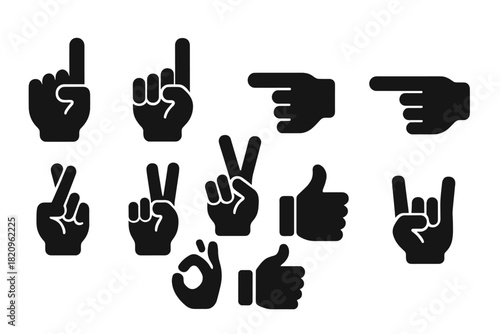 Finger Gesture Icons. Solid style icons of Fingers: index finger, pointing up finger, pointing down finger, pointing left finger,