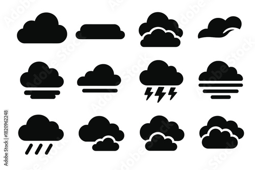 Solid Cloud Icons. Solid style icons of cloud types: fluffy cumulus cloud, flat stratus cloud, layered cloud icon, wispy cirrus