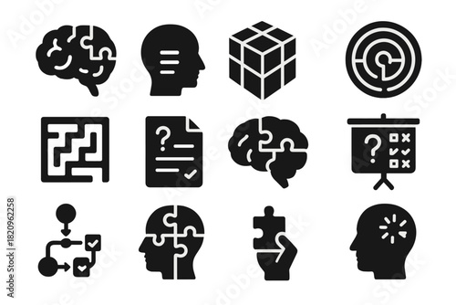 Mind Challenge Icons. Solid style icons of Mind challenges: brain with puzzle, memory icon, logic cube, maze symbol, IQ test,