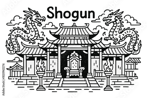 Wallpaper Mural Drawing of a Chinese palace with two dragons on either side of the entrance Torontodigital.ca