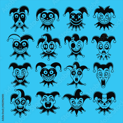 Collection of jester faces with expressions
