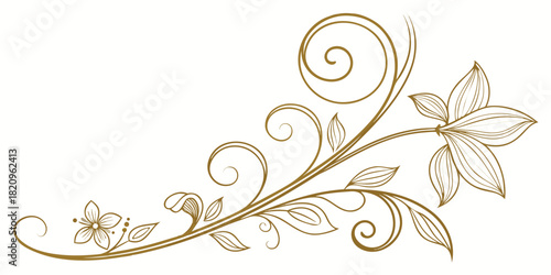 Elegant golden vintage flourish corner vector ornament with swirling vines, leaves, and delicate floral accents