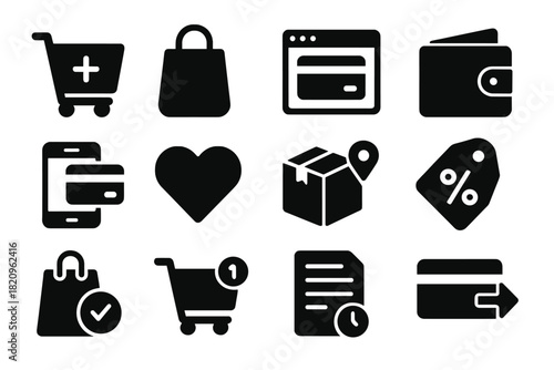 E-commerce Icon Set. Solid style icons of E-commerce actions: add to cart, buy now, online checkout, digital wallet, mobile